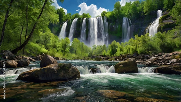 Fototapeta background view of a waterfall in the middle of a beautiful forest