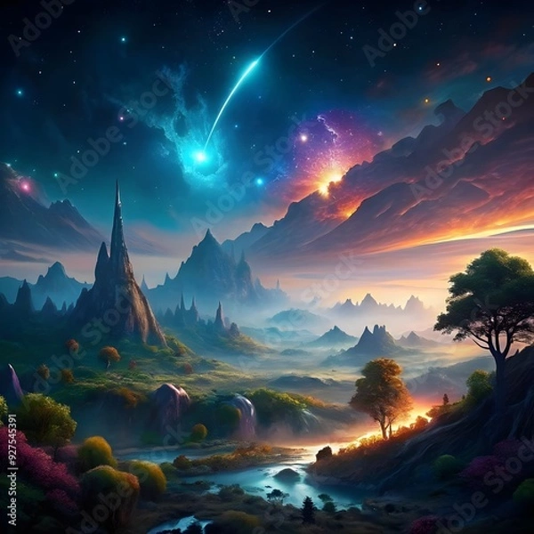 Fototapeta fantasy shooting star landscape at night