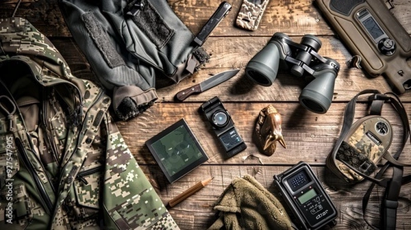 Fototapeta Flat lay of hunting gear on a wooden surface, including camouflage clothing, binoculars, a knife, a compass, and a GPS device.