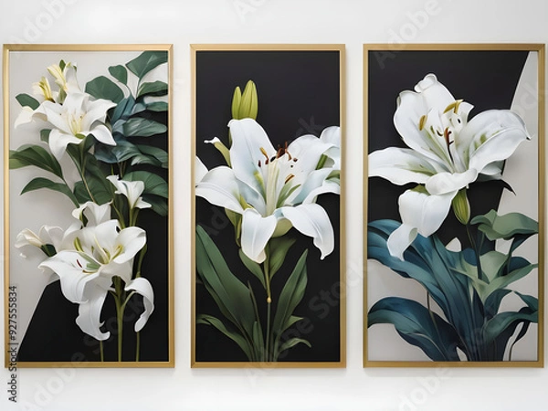 Fototapeta 3 simple black frames with a white background white lily, three vertical wall art paintings with a black background