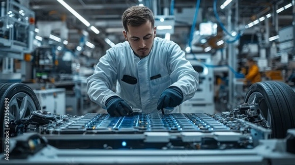 Fototapeta A worker in a white lab coat and black gloves works on the battery pack of an electric car on an assembly line.