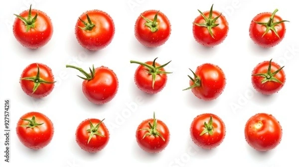 Obraz A collection of ripe red tomatoes neatly arranged in rows on a white background, each with a green stem attached.