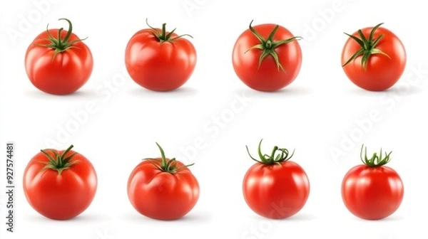 Fototapeta Eight ripe tomatoes in two rows with varying orientations, isolated on a white background. The tomatoes have a bright red color with green stems.