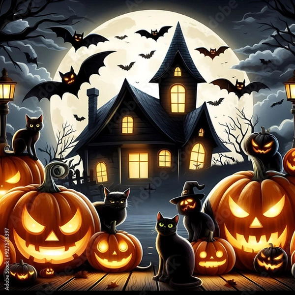 Obraz Spooky Shadows and Pumpkin Lights A Halloween Scene.