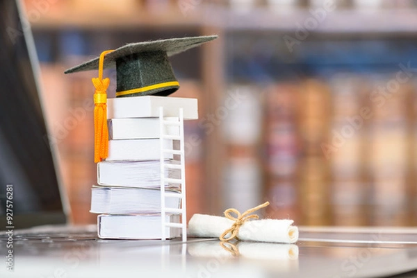 Fototapeta Graduate study abroad program to broaden learner's world view, e-learning concept : Graduation cap, foreign books on a laptop, depicts student attempting to study from a distance or learning from home