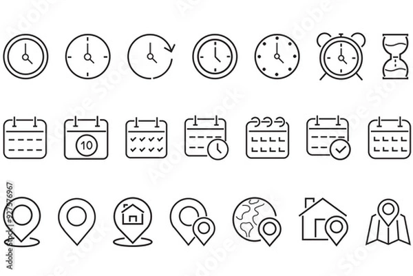 Fototapeta Time and date line icons set.  Clock, calendar, location pin. Time, date and address concept editable stroke outline icons set isolated. Editable stroke. Vector illustration.
