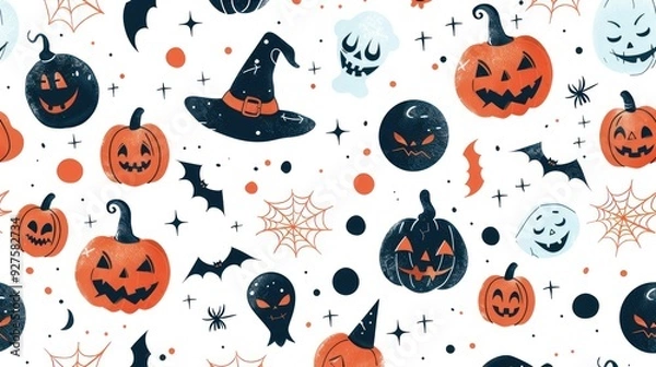 Fototapeta A festive Halloween pattern showcasing joyful jack-o'-lanterns, dancing witches, and fun masks.
