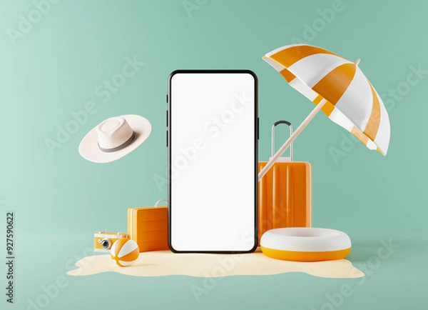 Fototapeta Blank screen of smartphone for advertising with beach equipment on green background. Travel vacation. Summer vacation travel concept. 3D rendering.