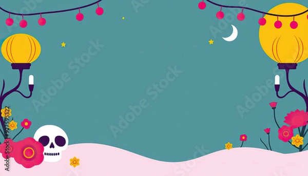 Fototapeta day of dead festival background lanterns skull flowers crescent moon stars copy space for text vector