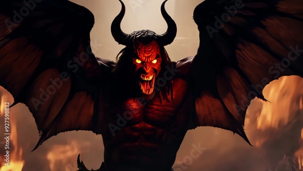 Fototapeta Demonic creature with glowing eyes and large wings in a fiery inferno