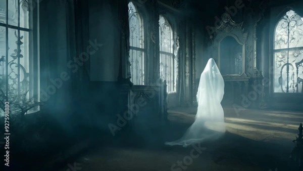 Fototapeta Ghostly figure in an abandoned mansion with ethereal light and eerie atmosphere