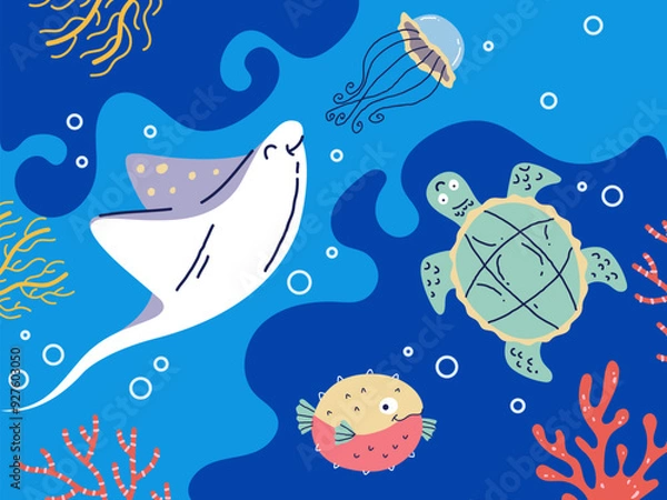 Fototapeta Sea life ocean underwater animals composition concept. Vector graphic design illustration element