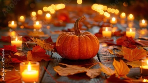 Fototapeta A pumpkin centerpiece on a table, surrounded by candles and autumn leaves.