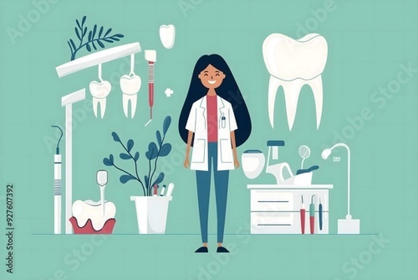 Fototapeta The Dentist's Domain: A friendly female dentist welcomes you with a warm smile, surrounded by her tools of the trade in this inviting illustration of dental care. 