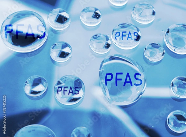 Obraz Water drops with PFAS text -- Forever chemical water contamination concept