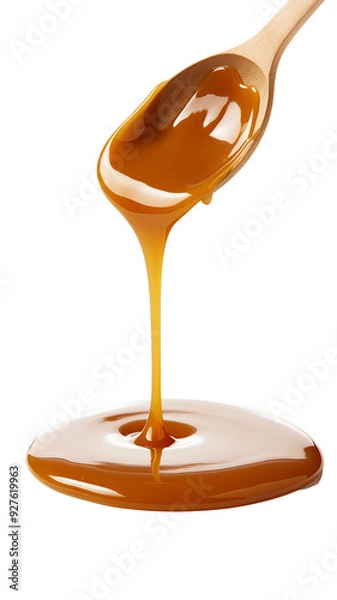 Fototapeta Smooth Caramel Drizzle Gliding from a Wooden Spoon onto Surface.