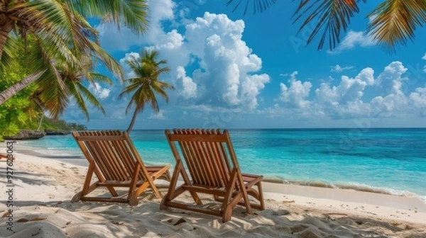 Fototapeta two wooden beach chairs on the sand of an exotic tropical island with palm trees and blue water