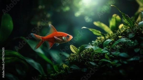 Fototapeta A vibrant goldfish gracefully swims through lush aquatic plants, capturing the serene beauty of underwater life.