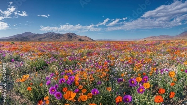 Fototapeta Vibrant Wildflower Superbloom in the Desert with Mountain Background.