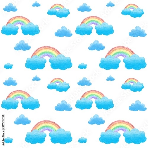 Obraz Rainbow and cloud seamless pattern on white background