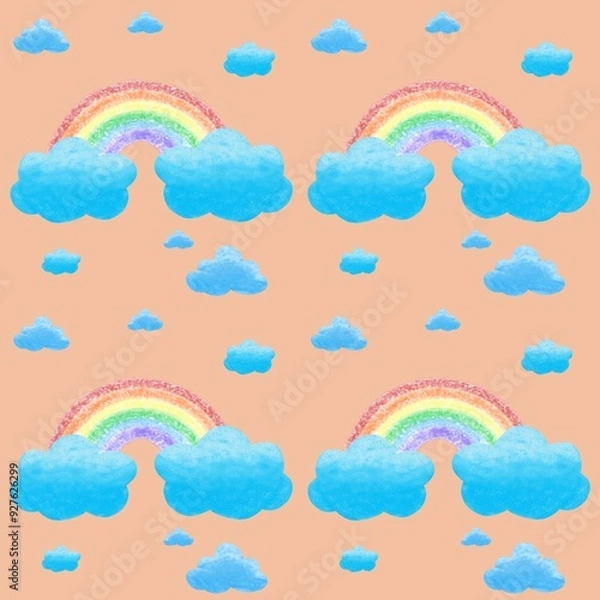 Obraz Rainbow and cloud seamless pattern on orange background