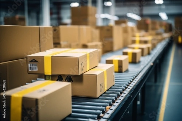 Fototapeta Multiple cardboard packages on a conveyor belt in warehouse