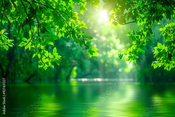 Obraz Sunlight streams through lush green leaves over a serene water body creating a peaceful atmosphere of growth and renewal