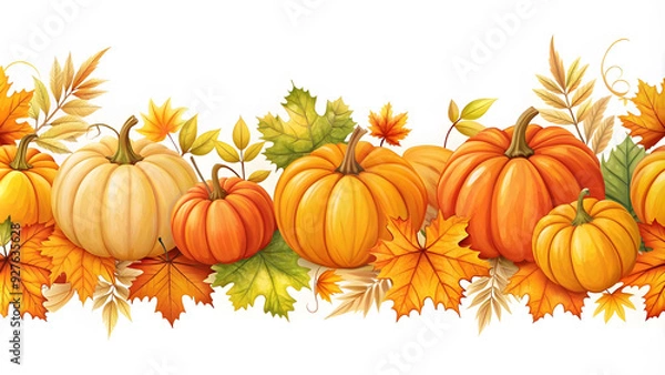 Fototapeta Horizontal seamless background with pumpkins and autumn leaves on a white background. Horizontal seamless background with pumpkins and autumn leaves.