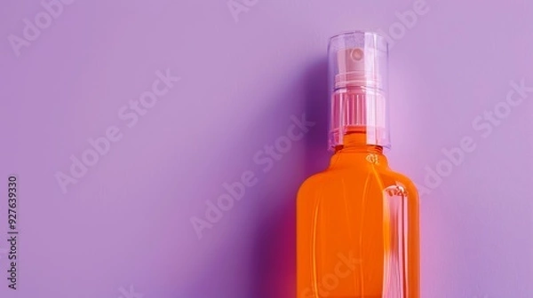Fototapeta orange spray bottle with blank label on a pastel violet background, close-up view, highlighting skincare or sunscreen product concept with studio lighting in a high-quality