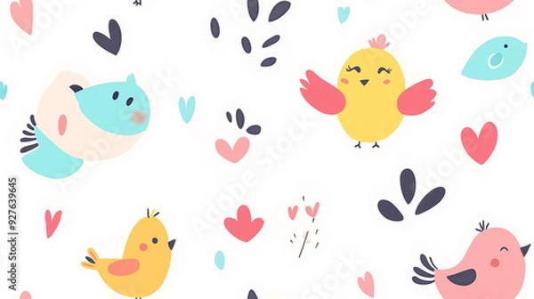 Fototapeta Playful bird pattern featuring colorful cartoon birds with hearts and shapes on a white background, perfect for kids' products or cheerful, lively designs.