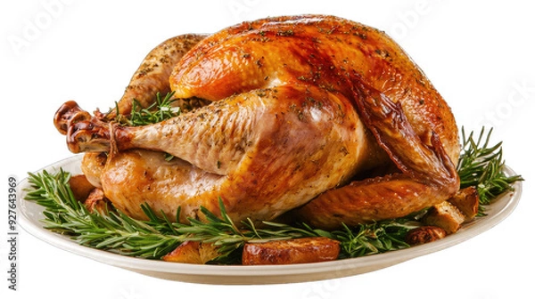 Obraz A roasted turkey served on a platter with herbs and vegetables. isolated on white background isolated on white background. transparent background