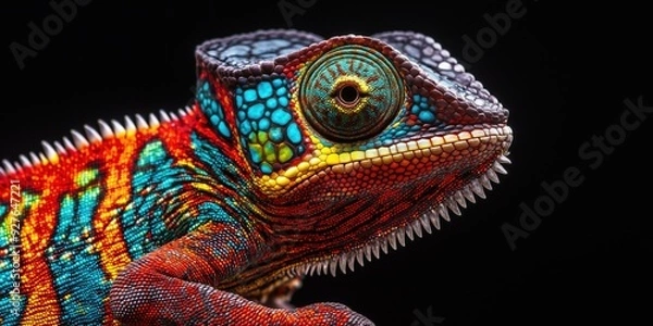 Obraz Photo of a colourful chameleon isolated against a black background, emphasising the chameleon's majestic features. Wildlife and conservation concept, space for copy.