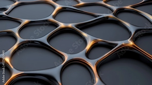 Fototapeta Abstract close-up of a fluid surface with organic patterns, showcasing a blend of black and metallic textures.