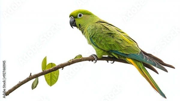 Fototapeta A green parrot with yellow tail feathers perches on a branch with a few leaves, isolated on white background.