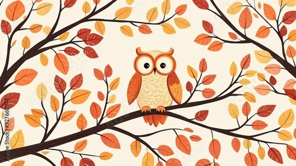 Fototapeta A whimsical owl perched on a branch, surrounded by vibrant autumn leaves, creating a warm and inviting seasonal atmosphere.