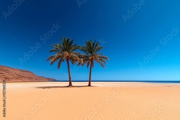 Fototapeta Two palm trees stand tall on a pristine white sand beach under a clear blue sky.