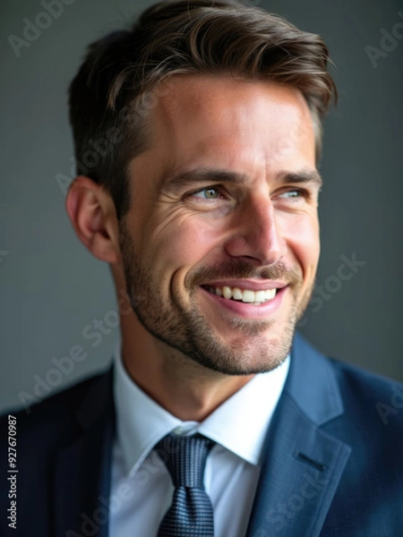 Fototapeta A professionally dressed man in a suit and tie is captured smiling while gazing to the side. His confidence and cheerfulness highlight a confident demeanor in a professional environment.