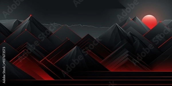 Obraz Abstract red and black mountain landscape with a glowing sun.