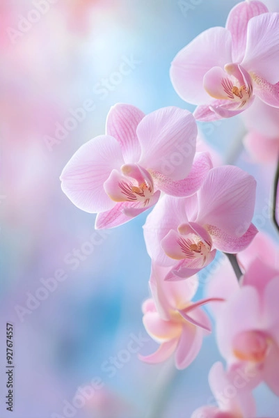 Fototapeta Fresh pink orchid flowers. Orchid flowers on pink blurry background. Poster for cosmetology room. Cosmetology and body care concept.