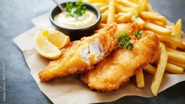 Obraz Crispy Fish and Chips with Tartar Sauce