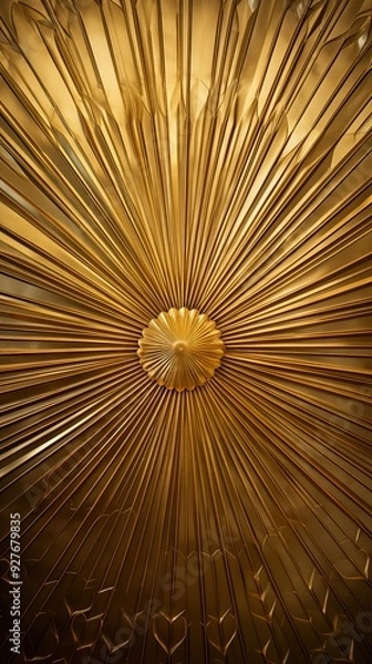 Fototapeta A art deco sun stunning golden textured wall featuring a sunburst design with radiating lines and a central circular motif. The intricate patterns create a luxurious and elegant appearance.