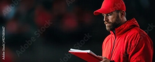 Fototapeta Football coach reviewing playbook on the sidelines during a high-stakes game Game strategy, American Football, coaching tactics