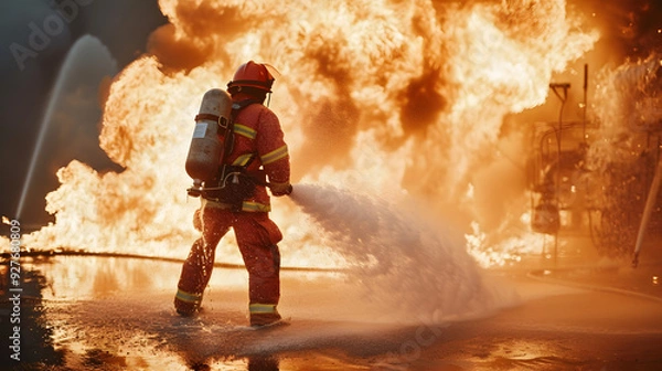 Fototapeta A firefighter, fully equipped with safety gear and a water hose, combats a massive fire, surrounded by flames and smoke, in a dramatic and dangerous firefighting scene.