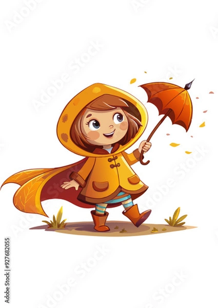 Fototapeta Autumn girl in yellow orange raincoat and boots with umbrella without background, vector drawing