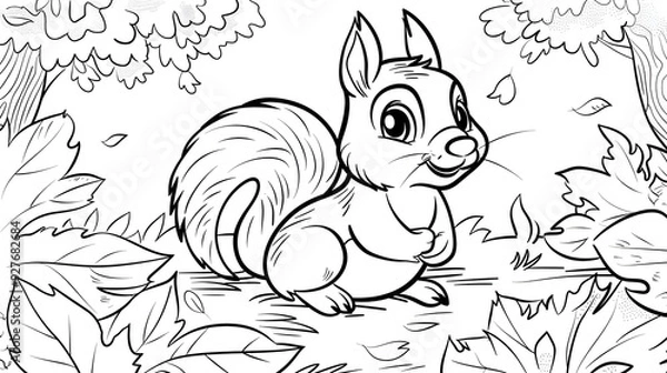 Fototapeta  Black and white illustration of a squirrel sitting on a tree branch surrounded by leaves. Cute cartoon-style artwork, ideal for coloring books or children's art activities.