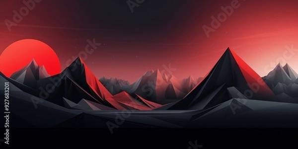 Fototapeta Geometric mountain landscape with a red sun.