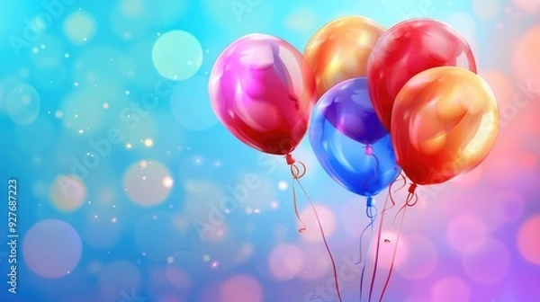 Fototapeta Colorful realistic helium balloons on blurred background for events Vibrant pastel illustration