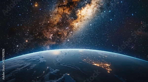 Fototapeta Planet earth view from space, in the background the Milky Way and many stars, dark background. Generative AI.