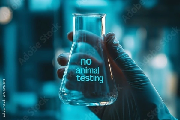 Obraz Scientist holding a laboratory flask with "No Animal Testing" message, symbolizing the end of animal testing practices, blue-toned lab background, focus on the flask, selective focus, copy space

