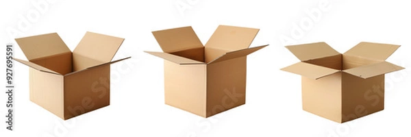 Obraz Collage of open cardboard box on a wooden floor, isolated on a transparent background